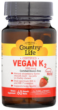 Country Life Vegan Vitamin K2 500 mcg - MK-4 & MK-7, 60 Chewables, Strawberry Flavor