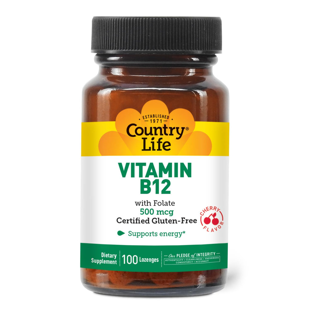 Country Life Vitamin B12 with Folate 500mcg – Energy & Red Blood Cell Support | 100 Lozenges | Gluten Free, Vegan, Halal, Non-GMO