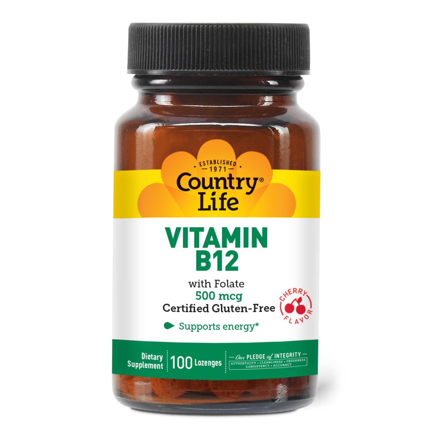 Country Life Vitamin B12 with Folate 500mcg – Energy & Red Blood Cell Support | 100 Lozenges | Gluten Free, Vegan, Halal, Non-GMO
