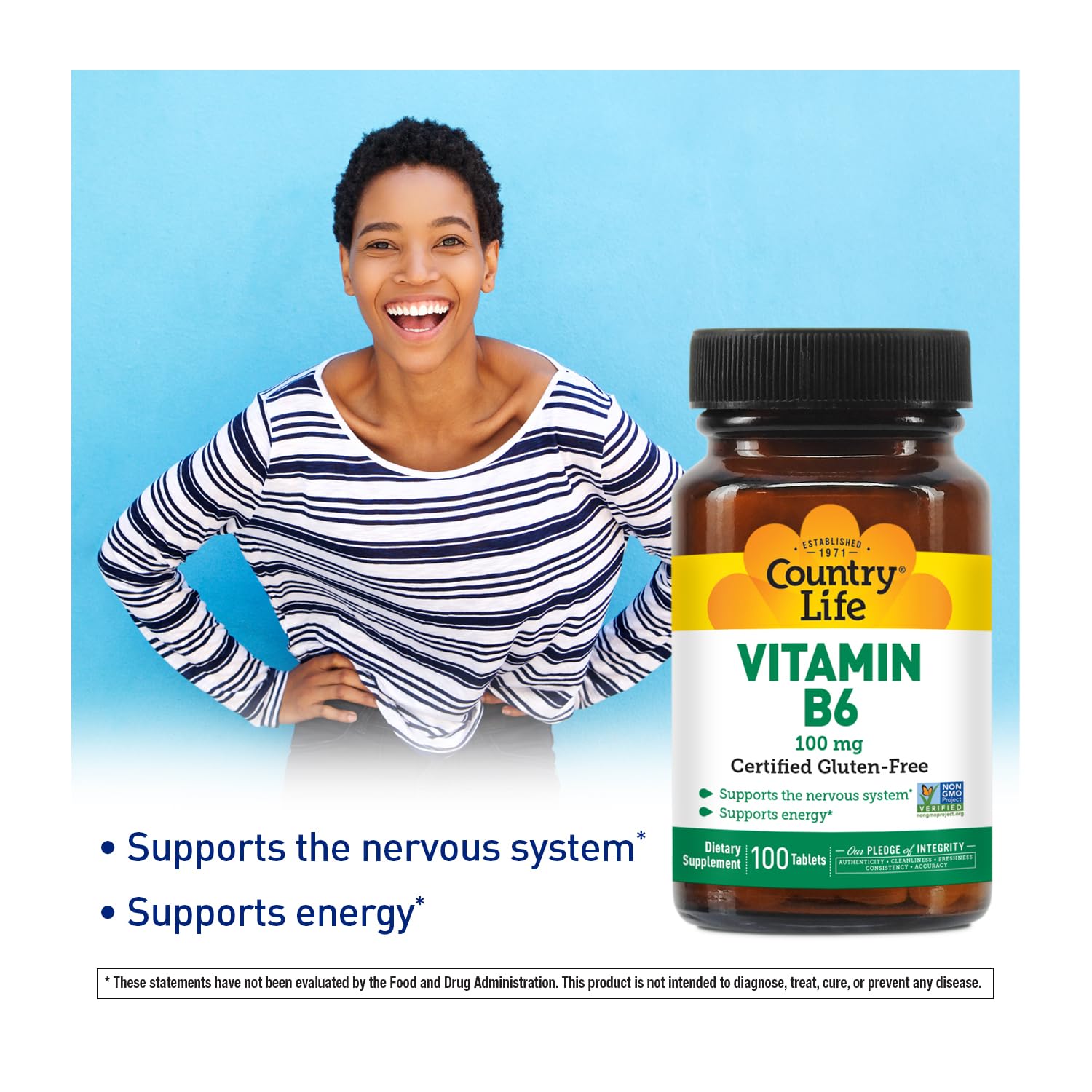 Country Life Vitamin B-6 100 mg – Energy & Nervous System Support, 100 Vegan Capsules