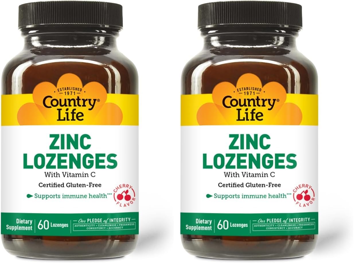 Country Life Zinc Lozenges 23 mg + Vitamin C Cherry Flavor – 60-Count (Pack of 2)