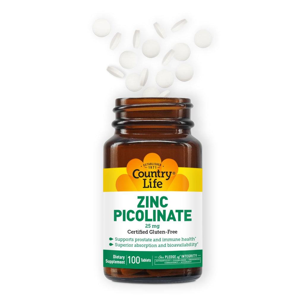 Country Life Zinc Picolinate 25 mg – Immune & Prostate Support | 100 Tablets | GF, Vegan, Halal