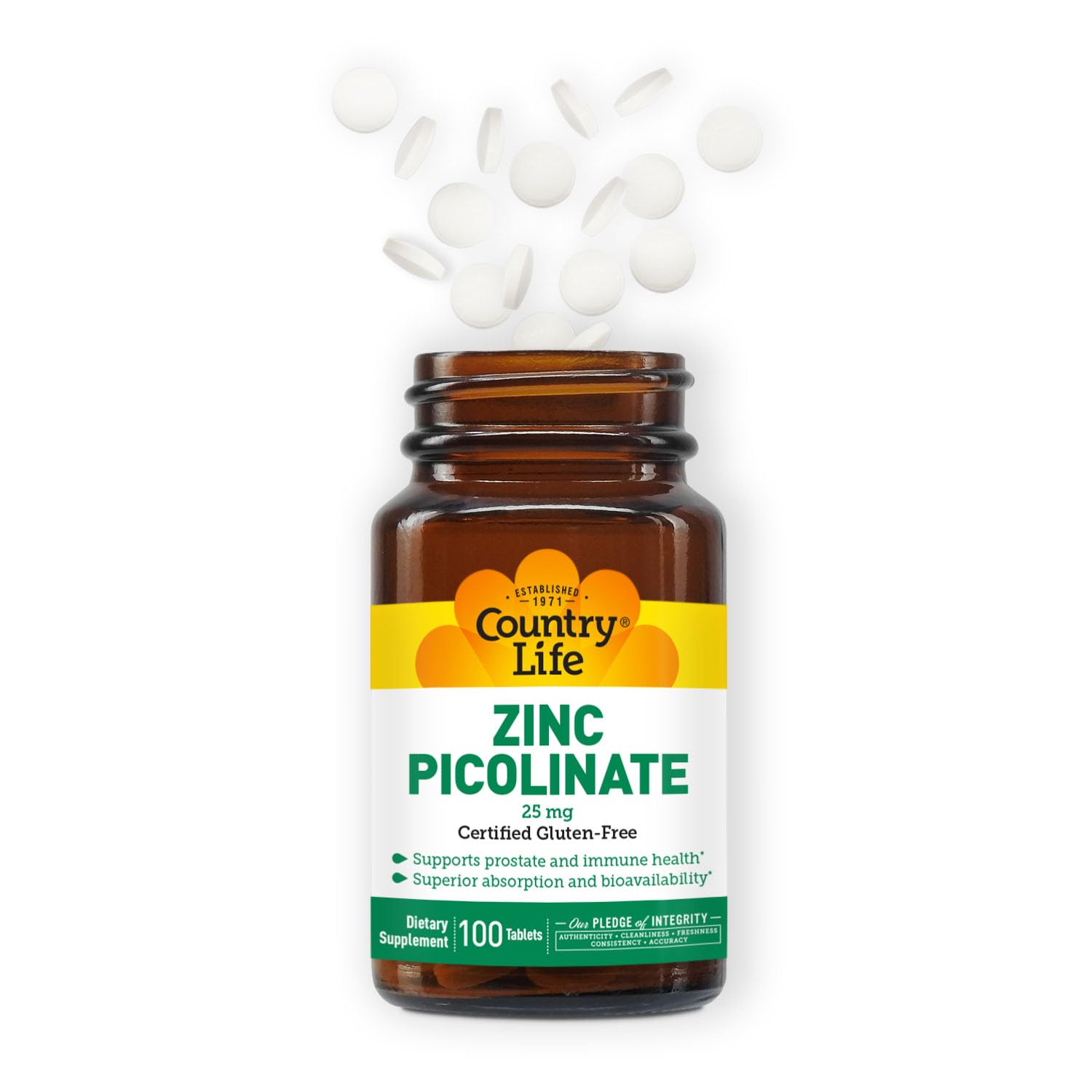 Country Life Zinc Picolinate 25 mg – Immune & Prostate Support | 100 Tablets | GF, Vegan, Halal