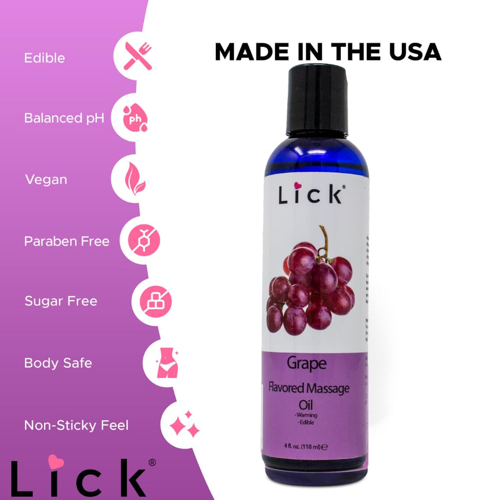 Grape Flavored Massage Oil - Vitamin E, Sweet Almond & Coconut Oil, 4 oz (Vegan, Non-Sticky)
