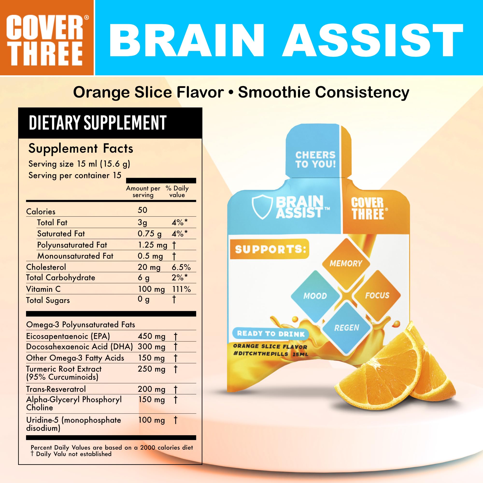 Cover Three Brain Assist - Liquid Brain Support for Focus & Memory