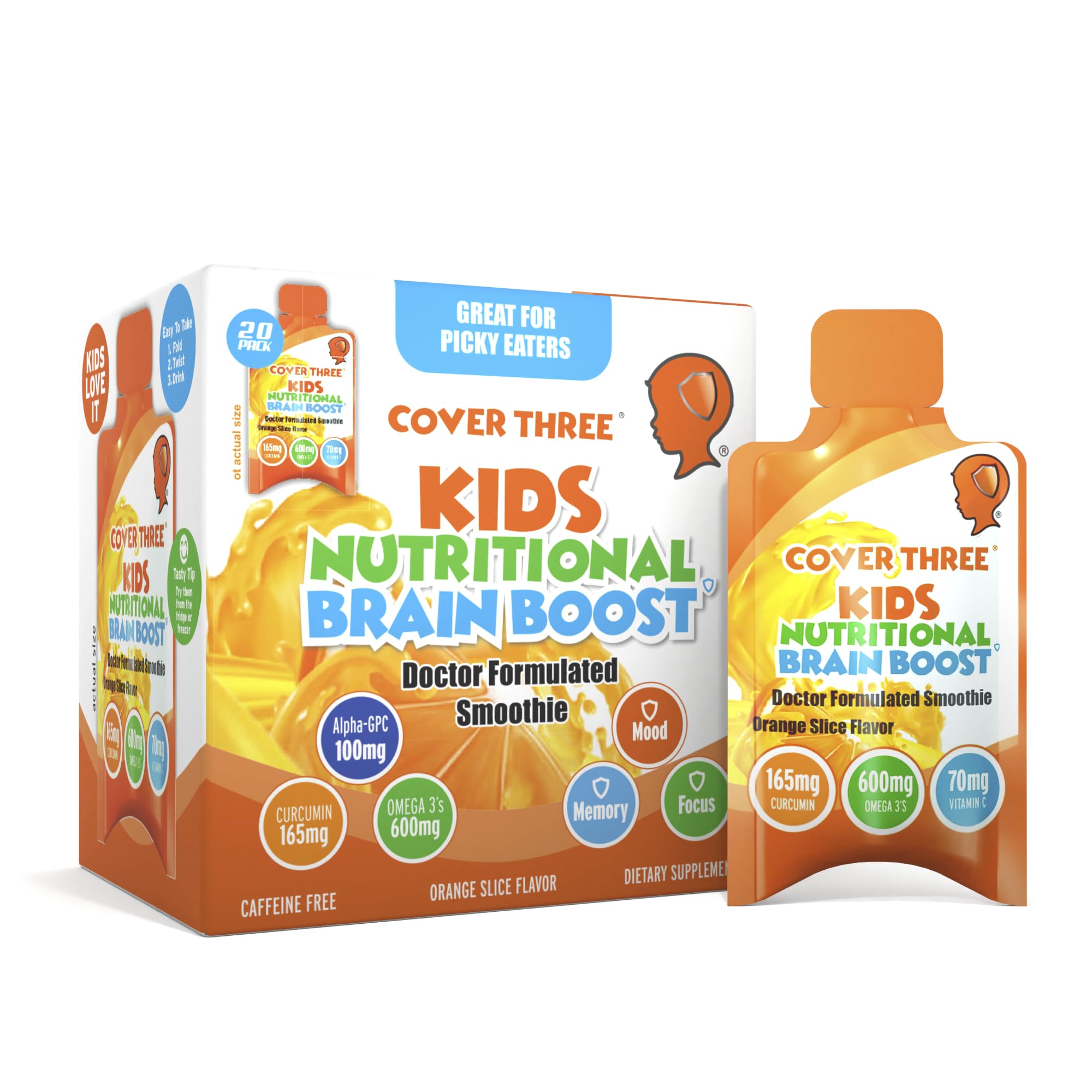 Cover Three Kids Brain & Focus Supplements | Omega-3 DHA for Children (20 Pouches)