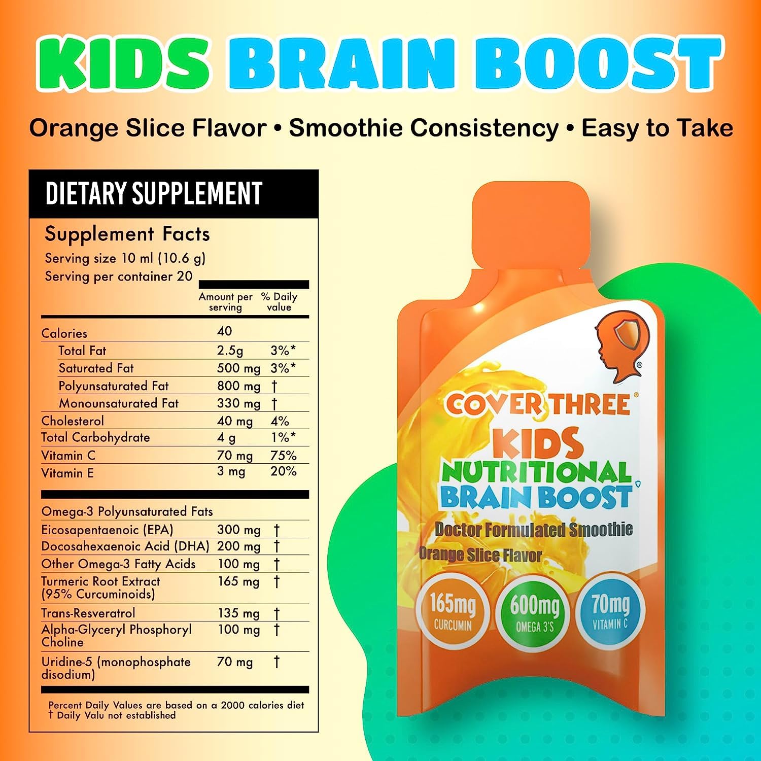 Cover Three Kids Brain Supplement Smoothie – Omega-3 DHA for Focus, Vision & Heart (20 Pouches, 3 Boxes)
