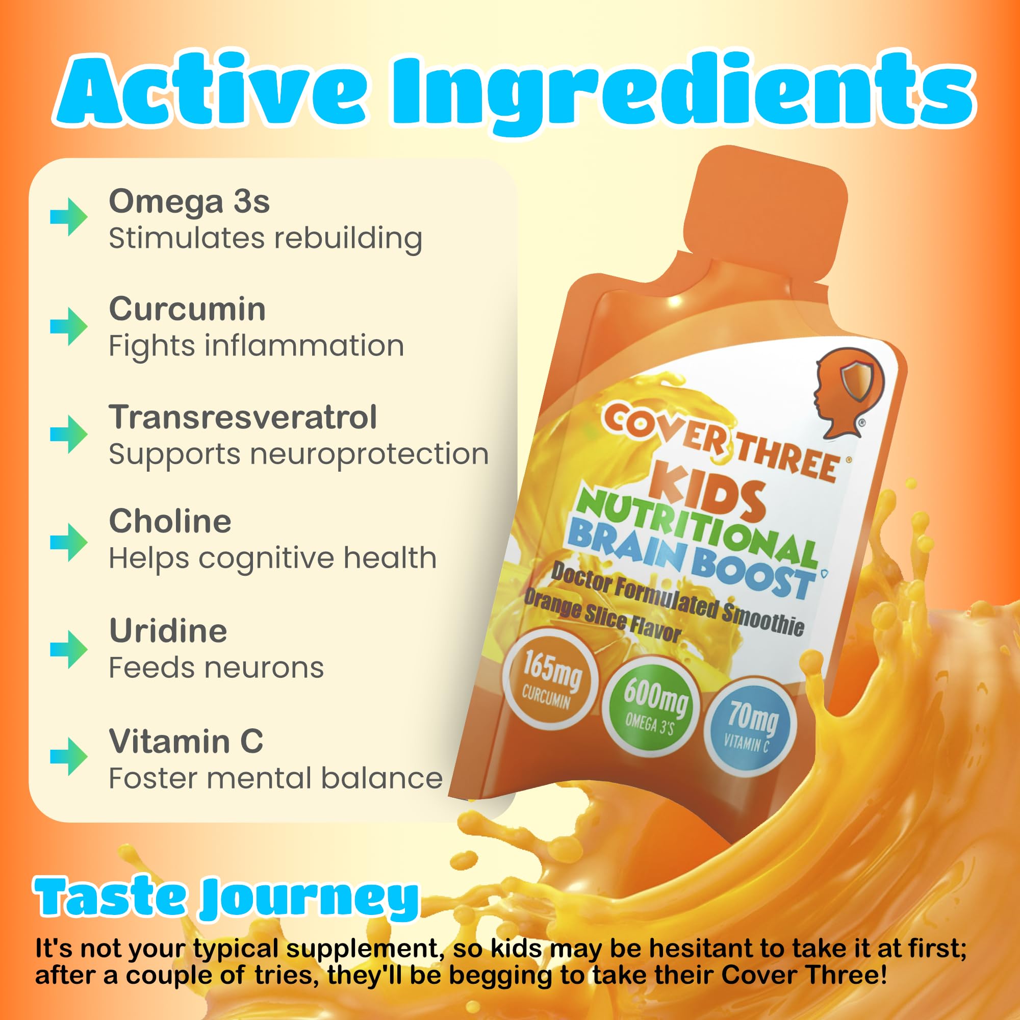 Cover Three Kids Brain Supplement Smoothie – Omega-3 DHA for Focus, Vision & Heart (20 Pouches, 3 Boxes)