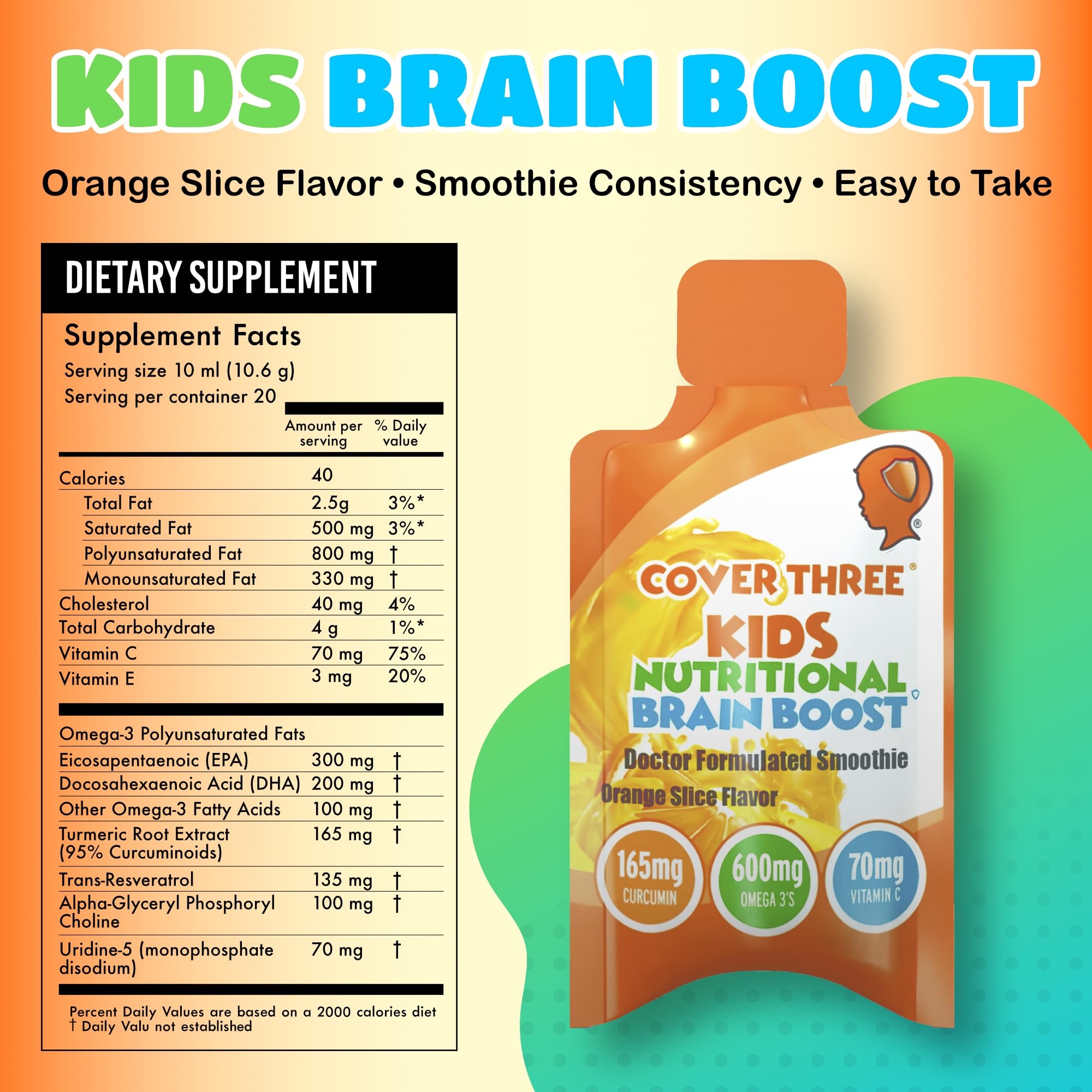 Cover Three Kids Brain & Focus Supplements | Omega-3 DHA for Children (20 Pouches)