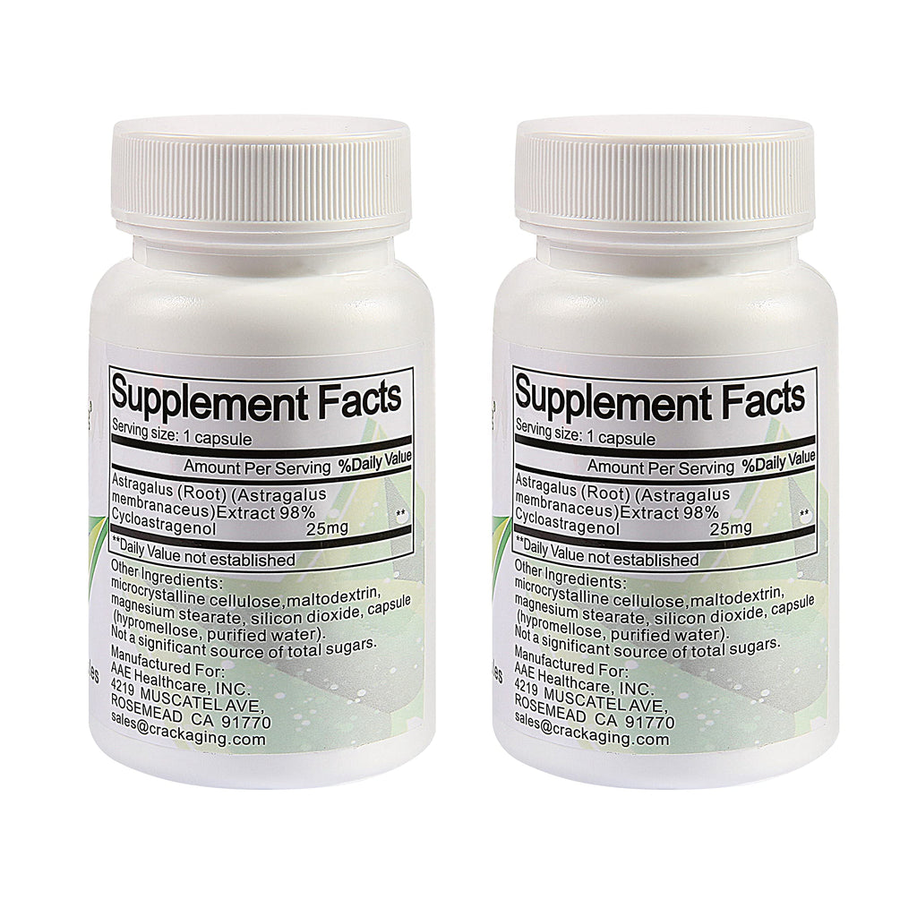 Crackaging Cycloastragenol 98% 25mg – Telomere Activator, Cell Rejuvenation | 60 Capsules (2 Bottles)