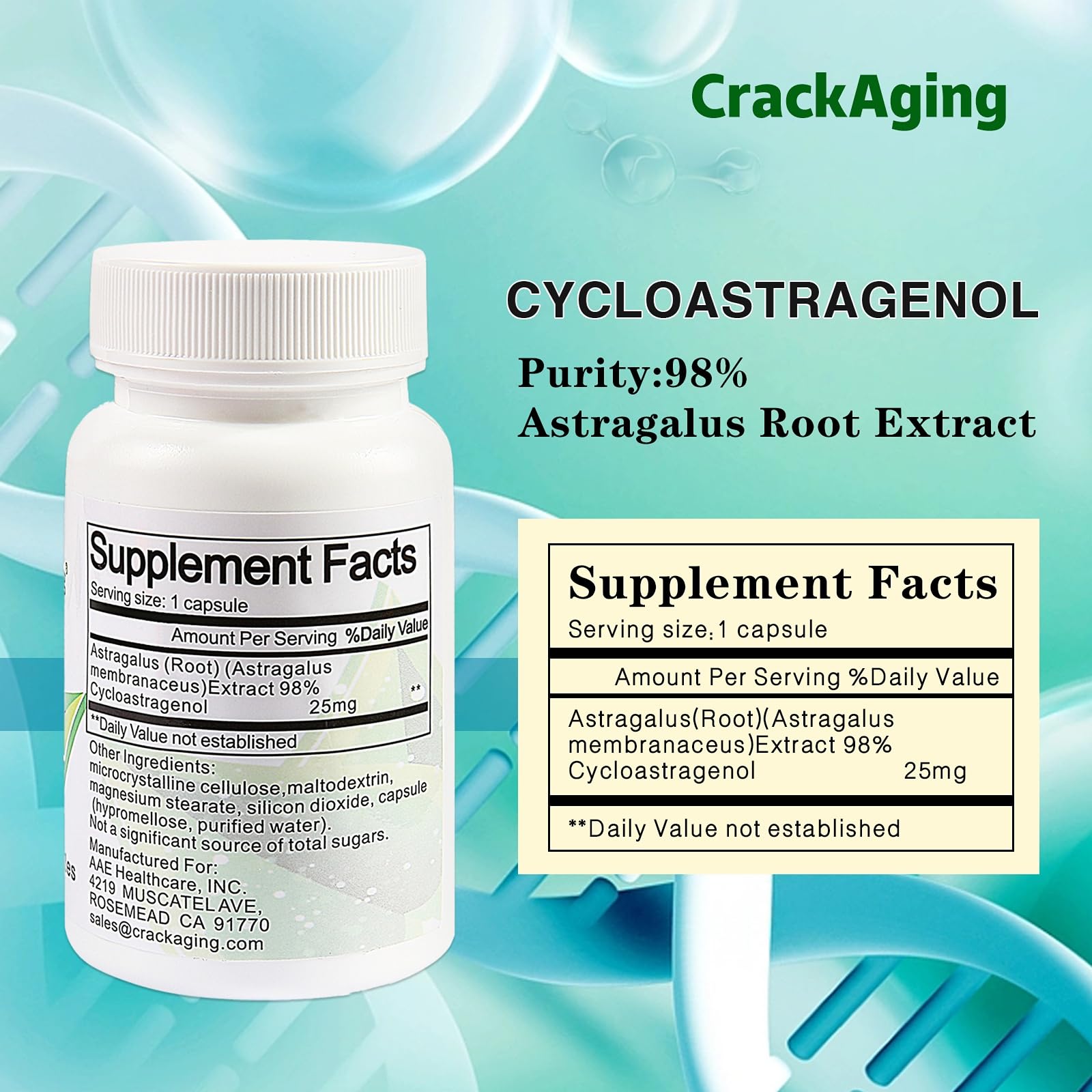 Crackaging Cycloastragenol 98% 25mg – Telomere Activator, Cell Rejuvenation | 60 Capsules (2 Bottles)