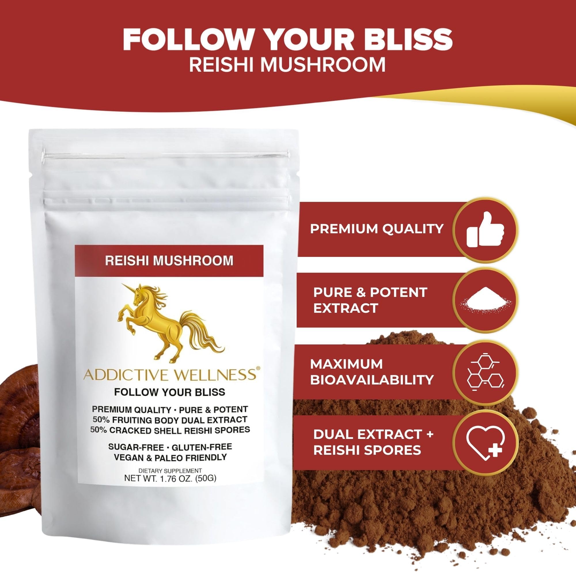 Reishi Mushroom Extract Powder + Spores (50/50) - Wood-Grown Ganoderma 50g