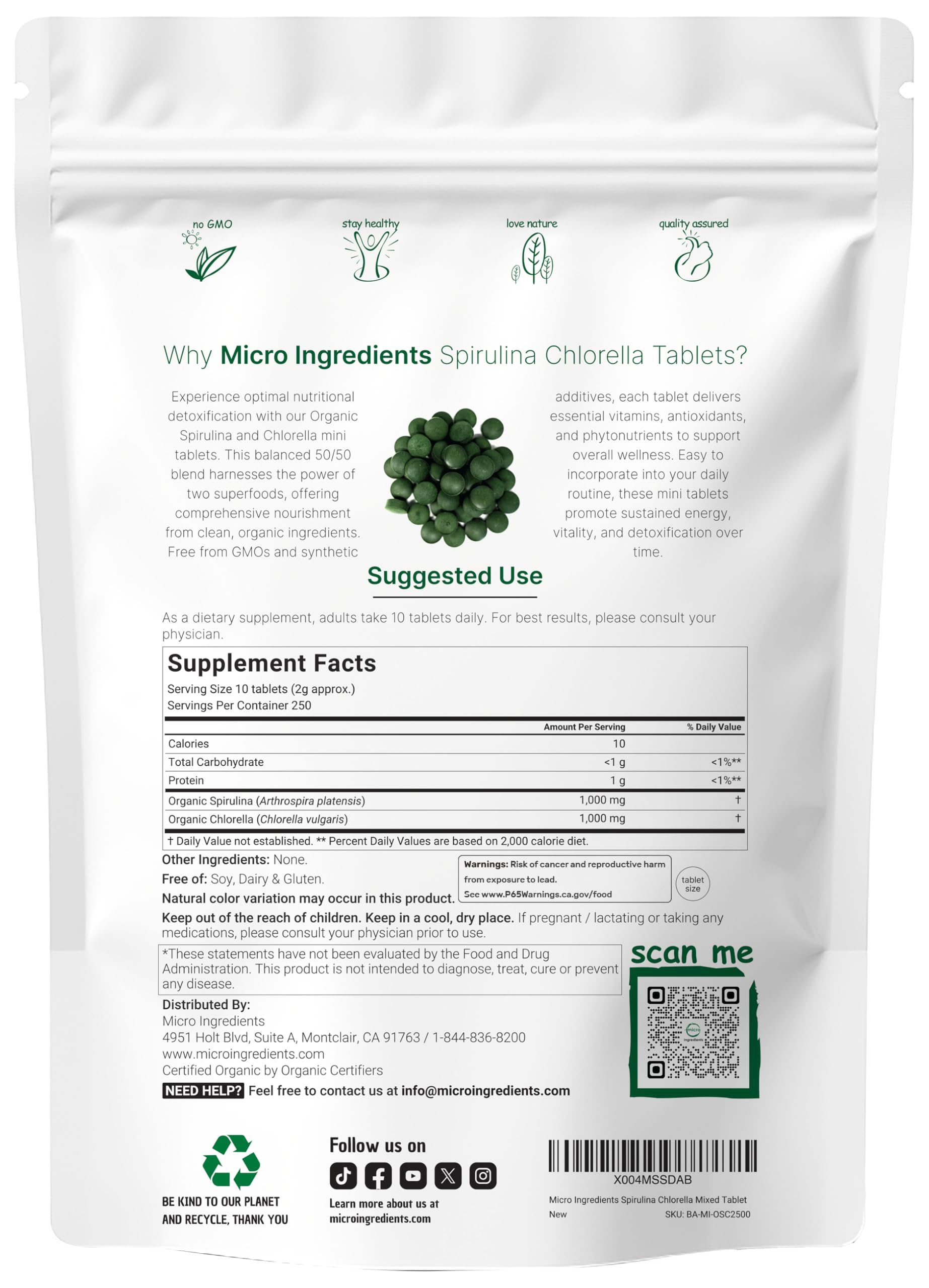 Spirulina & Chlorella Mini Tablets – 2,500 (8 Month) 50/50 Blend