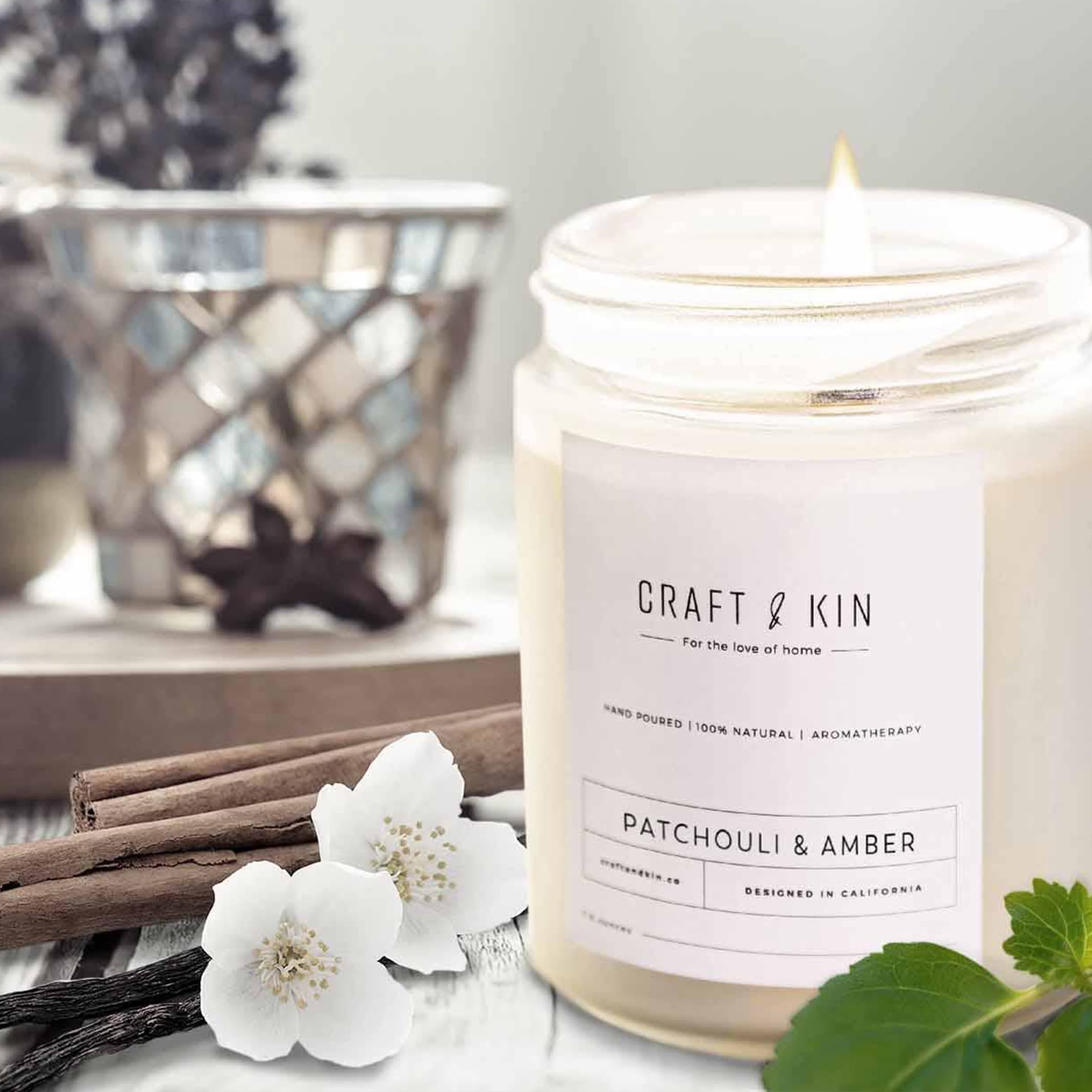 Craft & Kin Patchouli & Amber Christmas Candle — 8 oz, 45-Hour Burn, Natural Soy + Woodwick | Holiday Gifts