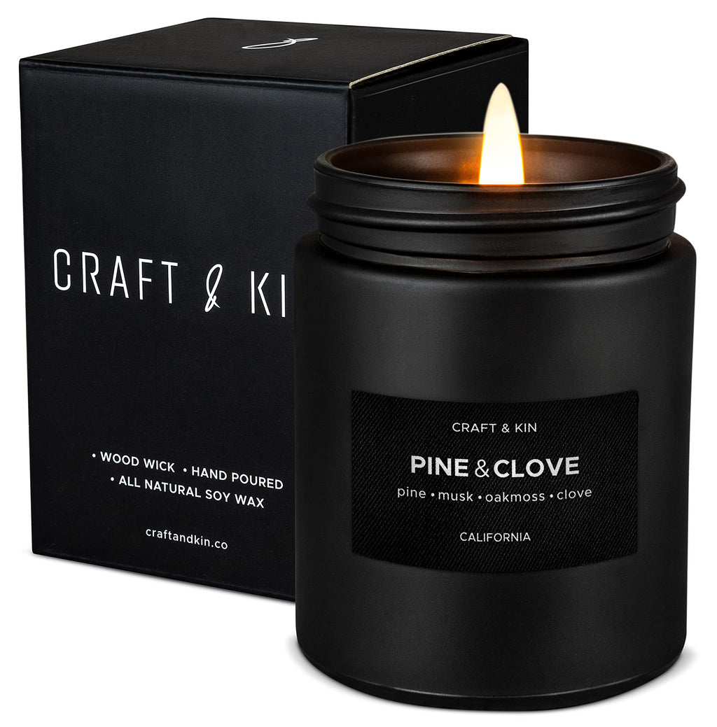 Craft & Kin Premium Pine & Clove Candle | Black Christmas Scented Soy Candle – 7.6oz, 45 Hour Burn Time