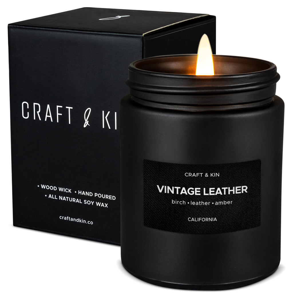 Craft & Kin Premium Vintage Leather Candle | Black Christmas Scent for Men | 7.6oz Soy Candle, 45-Hour Burn Time