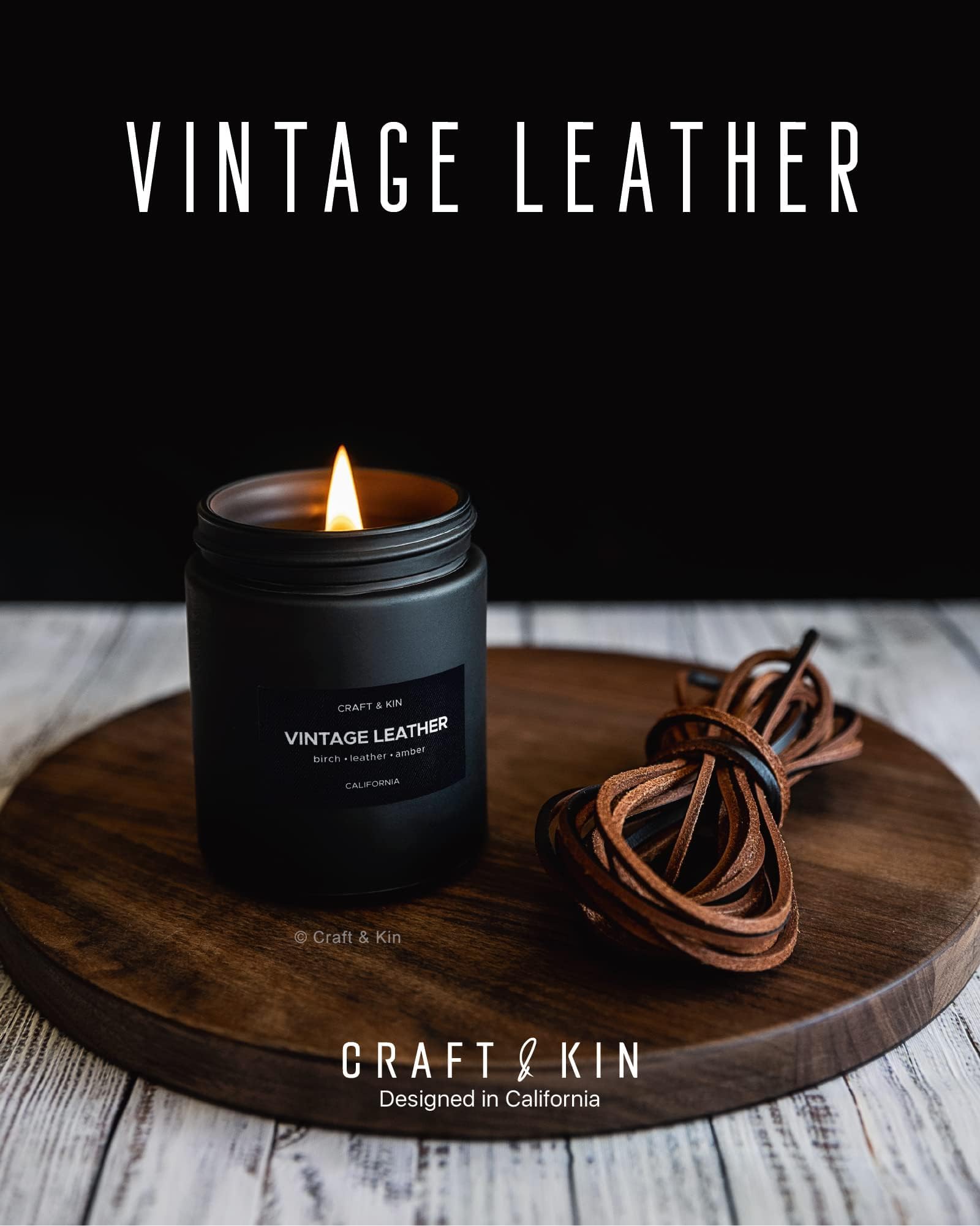 Craft & Kin Premium Vintage Leather Candle | Black Christmas Scent for Men | 7.6oz Soy Candle, 45-Hour Burn Time