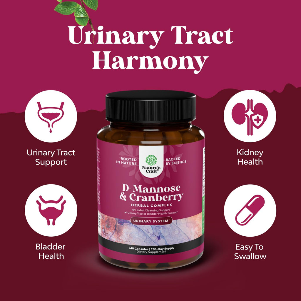 D Mannose with Cranberry 1000mg – Urinary Health & Kidney Support (240 Count)