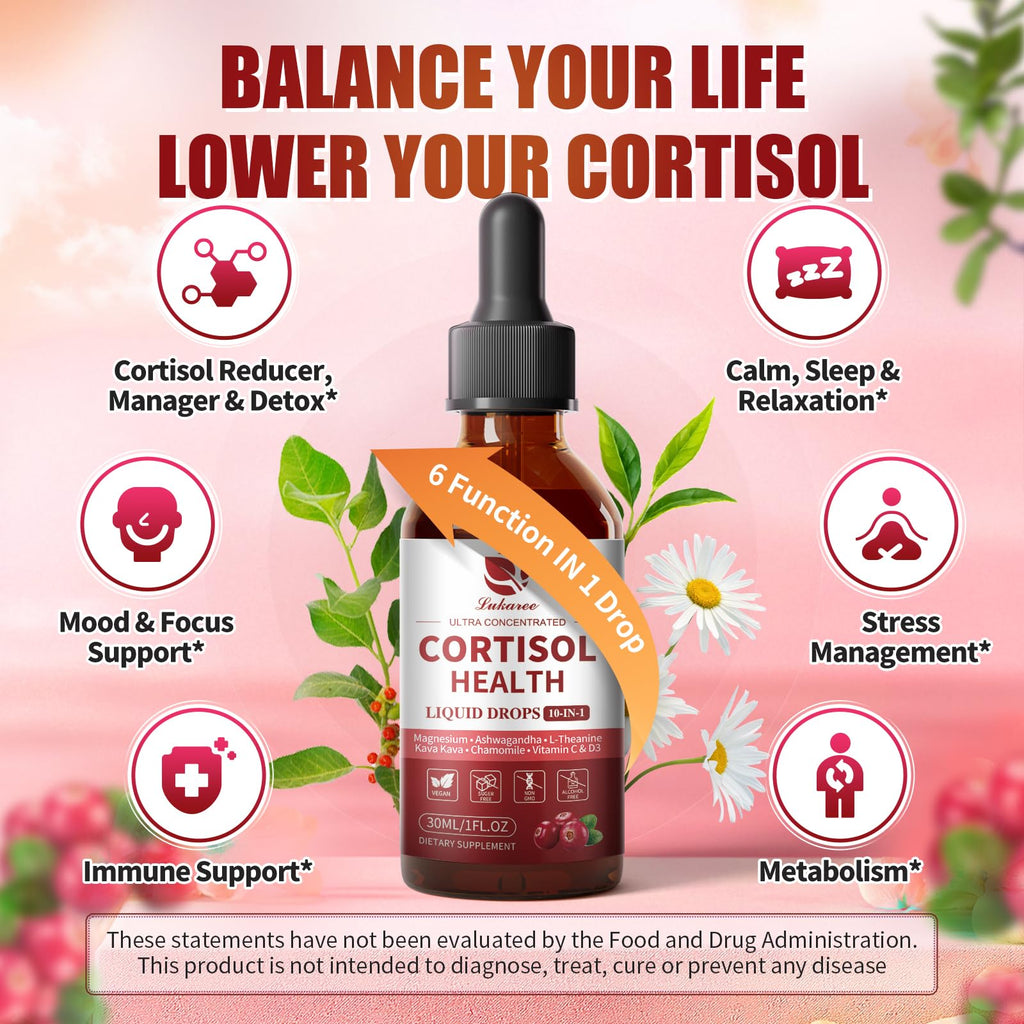 Cortisol Supplement Liquid Drops – 10-in-1 Hormone Balance for Women & Men (2 fl oz, Cranberry)
