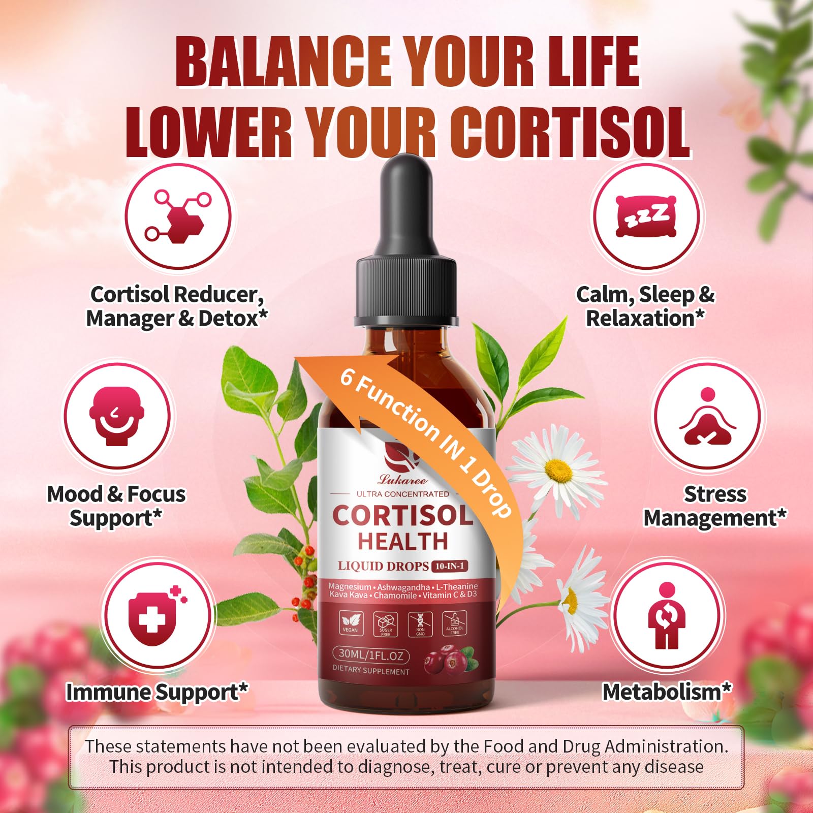 Cortisol Supplement Liquid Drops – 10-in-1 Hormone Balance for Women & Men (2 fl oz, Cranberry)