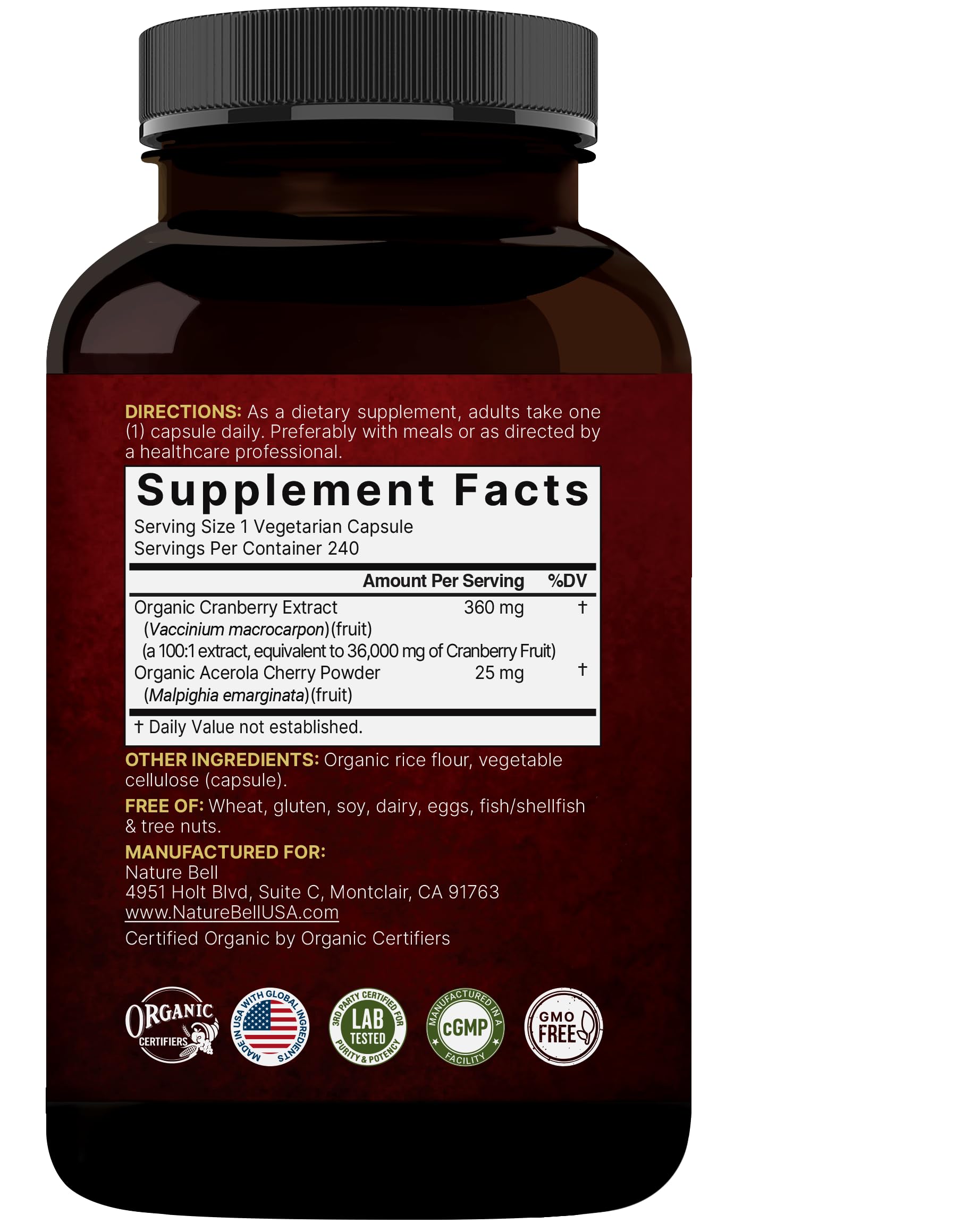 NatureBell Cranberry Pills 2 Pack – 36,000mg Extract, Acerola | Organic, Sugar Free