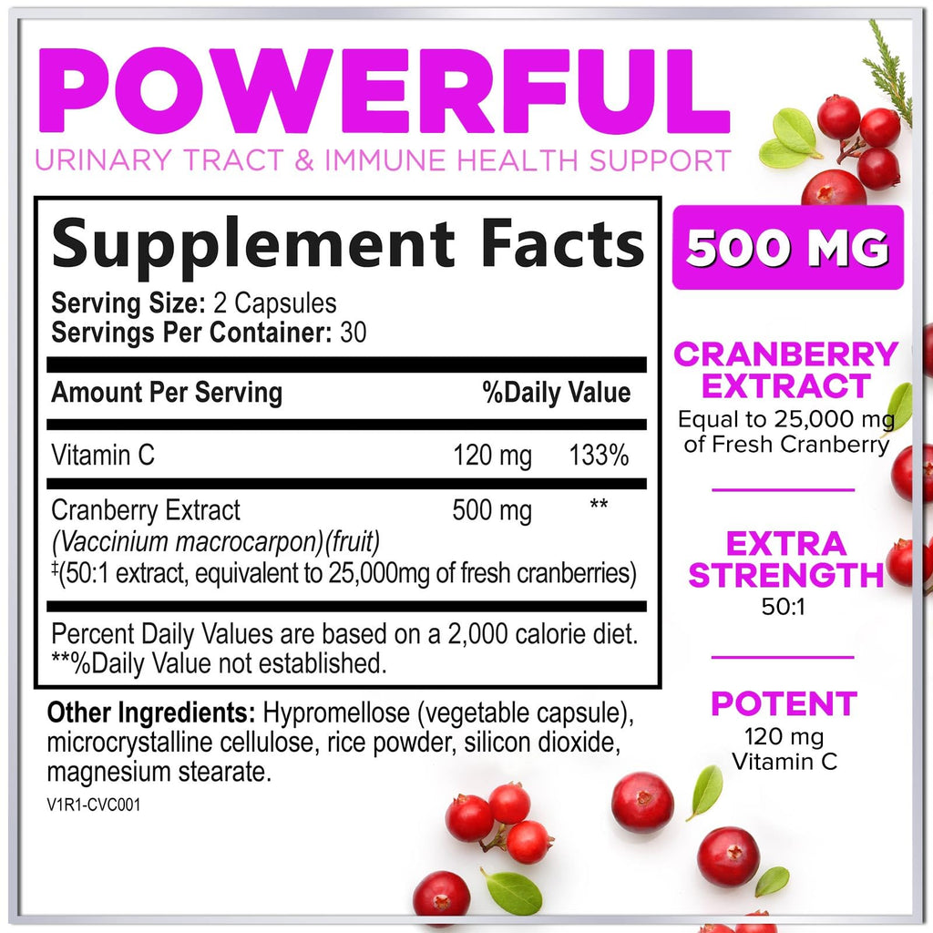 Cranberry Pills 25,000mg 3X Strength with Vitamin C | Sugar-Free, 60 Capsules