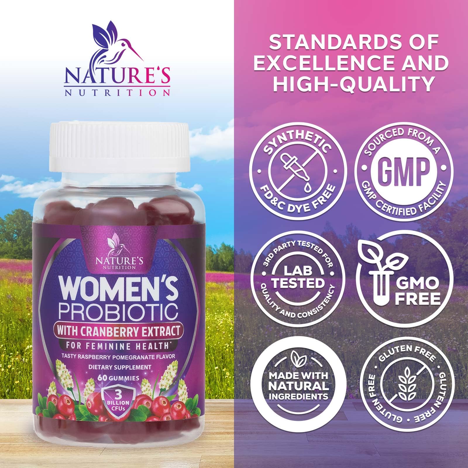 Probiotics for Women Gummies with Cranberry — 3 Billion CFU, 6 Strains, Digestive & Vaginal Health (60 Gummies)