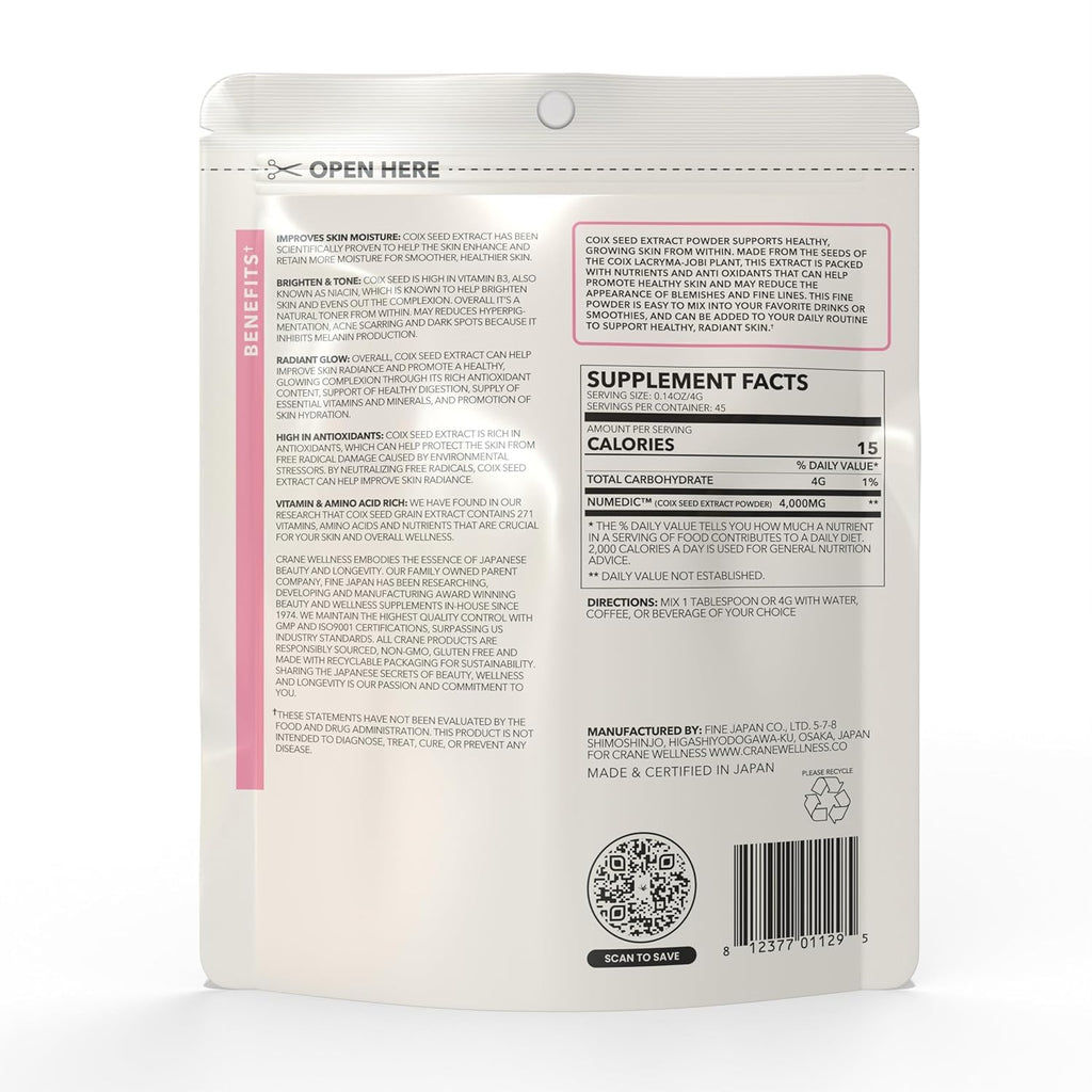 CRANE WELLNESS Coix Seed Extract Powder – 100% Pure Non-GMO, Made in Japan