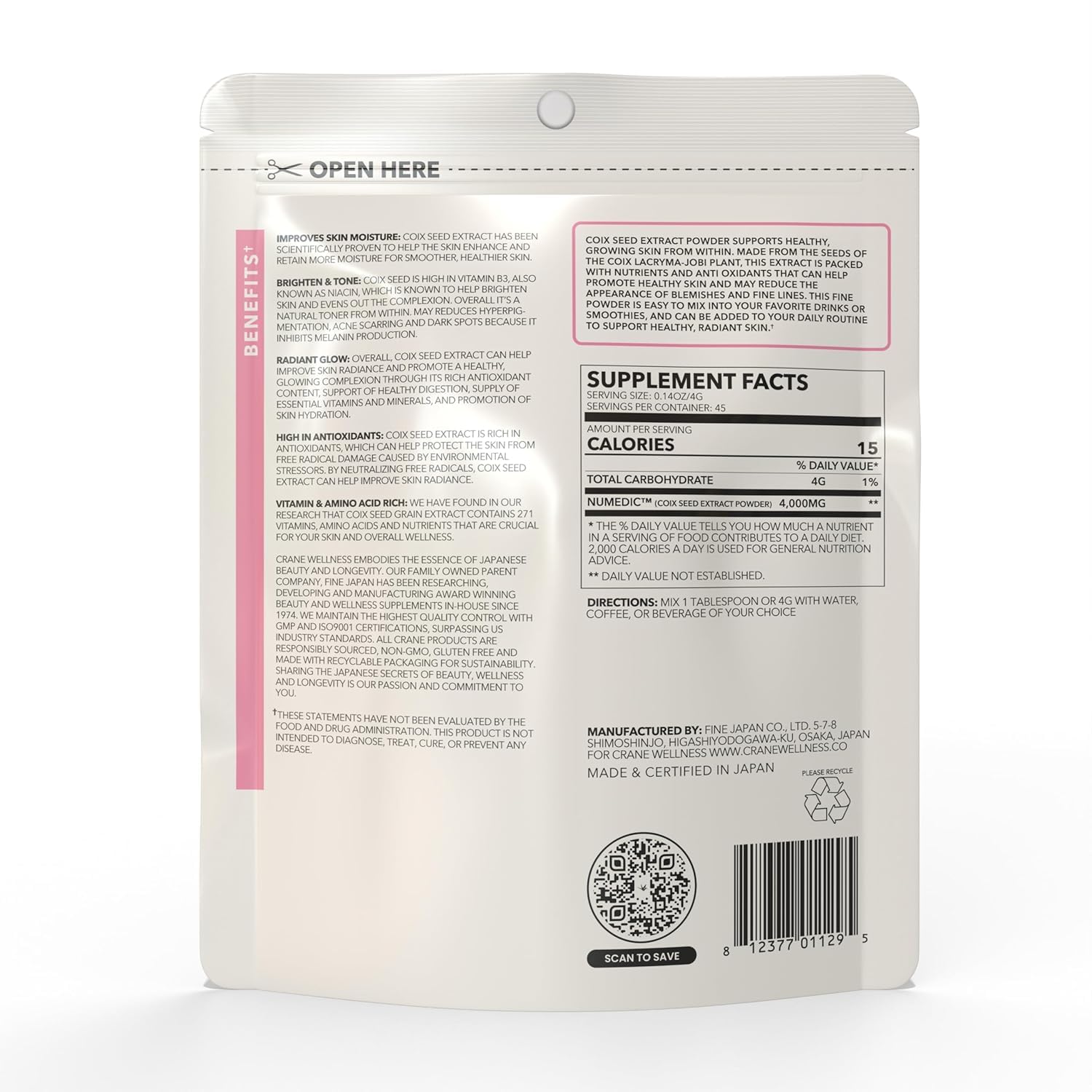 CRANE WELLNESS Coix Seed Extract Powder – 100% Pure Non-GMO, Made in Japan