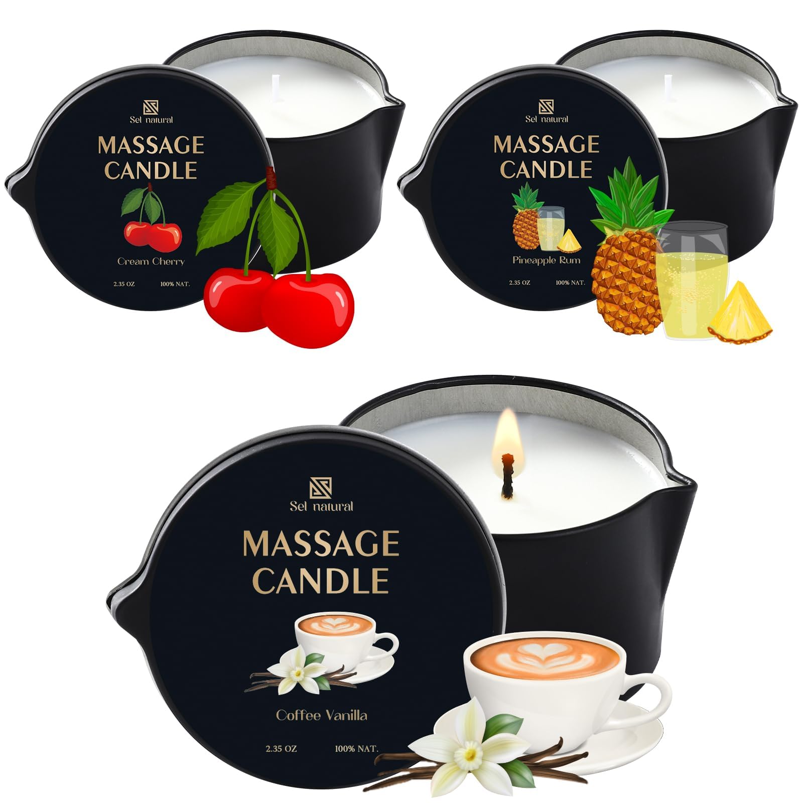 3 Pack Massage Oil Candles 2.35oz – Low Temp Wax (Cream Cherry, Coffee Vanilla, Pineapple Rum)