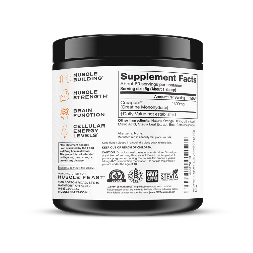 Muscle Feast Creapure Creatine Monohydrate Powder – Natural Orange, 300g | Vegan, Gluten-Free, Easy to Mix