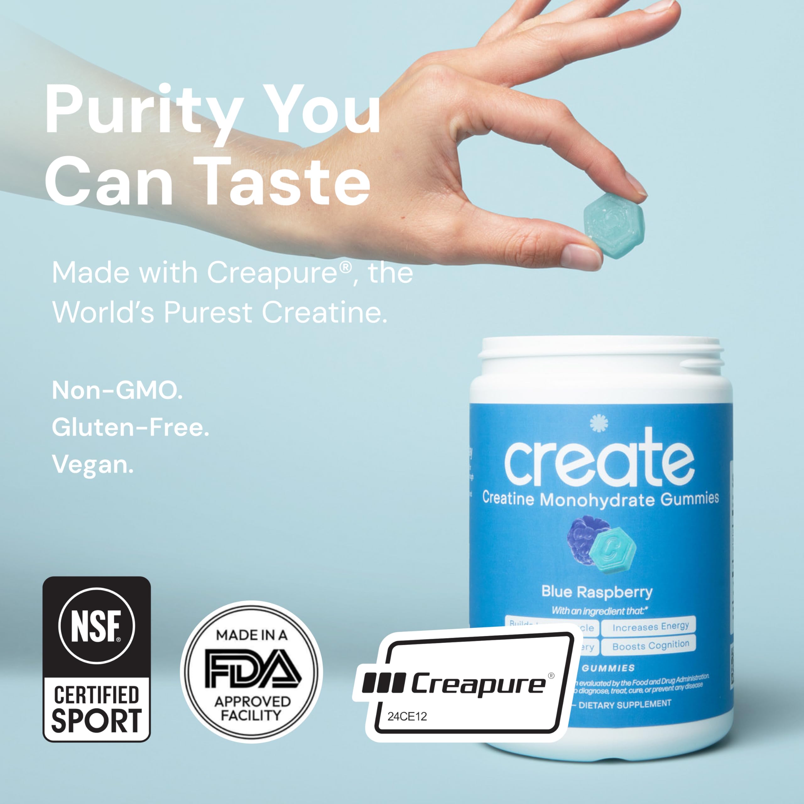 Create Creatine Monohydrate Gummies – 1.5g per Gummy, Vegan, Anti-Melting