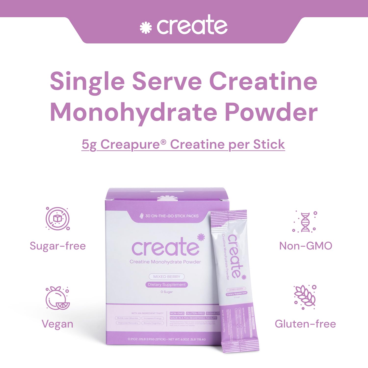 Create Single-Serve Creatine Monohydrate Powder – 5g Creapure Creatine, Sugar-Free, Vegan | Mixed Berry | 30 Portable Packets