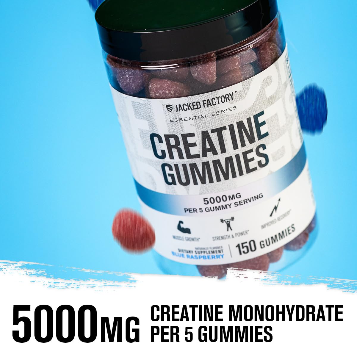 Jacked Factory Creatine Gummies – 5g Daily Dose (1g per Gummy) – Vegan, Third-Party Tested, 150 Gummies, Blue Raspberry