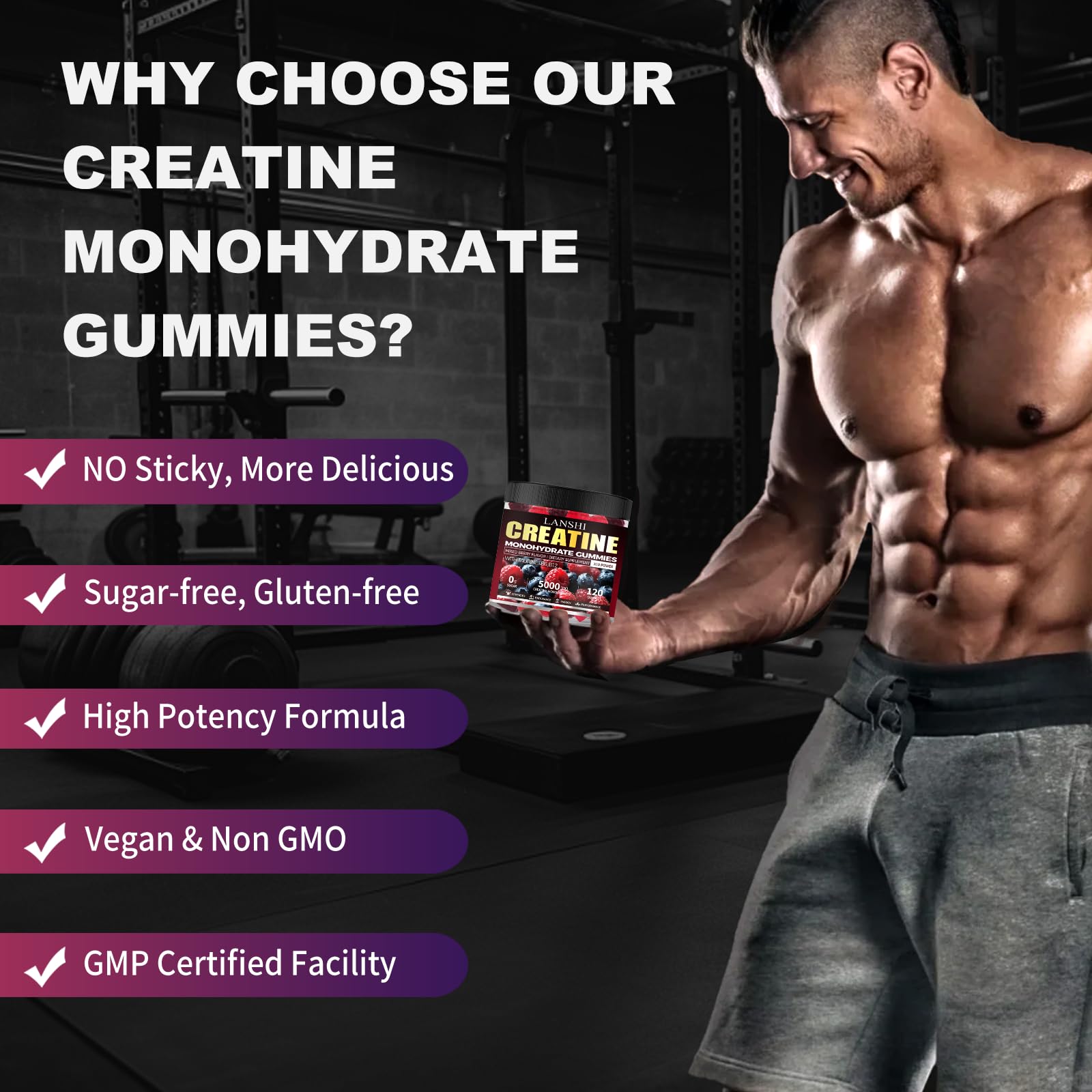 Creatine Monohydrate Gummies 5000mg – Sugar Free Pre-Workout (120 ct) Mixed Berry