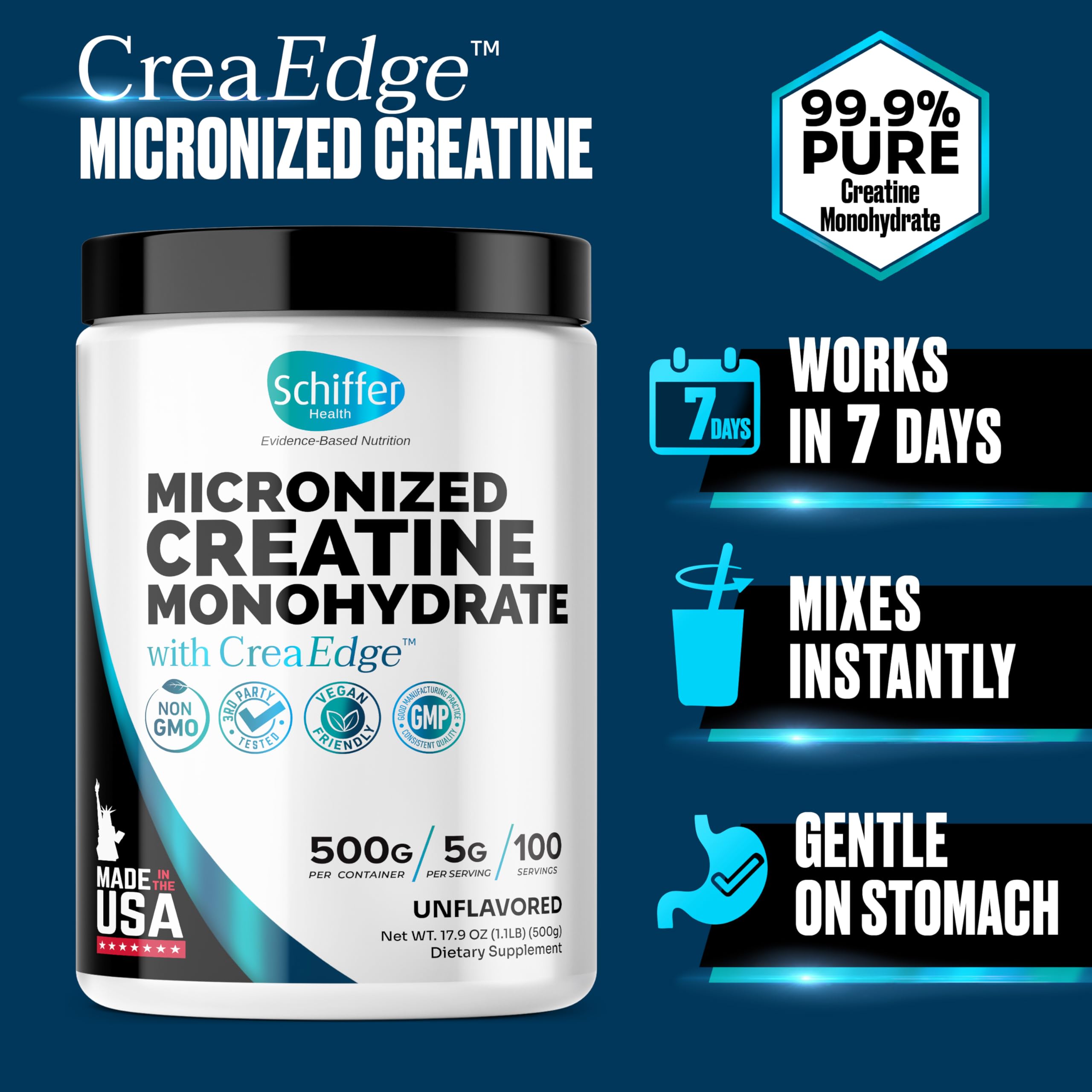Creatine Monohydrate Powder 500g – 100 Servings, Unflavored (5g/serving) – Pure Micronized Creatine