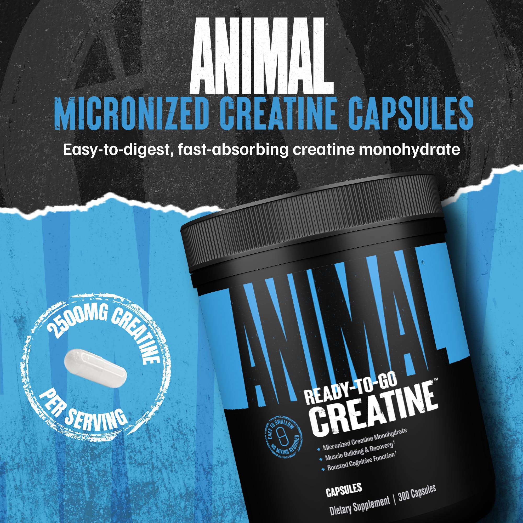 Animal Micronized Creatine Monohydrate Capsules – 300 Caps, 2.5g Per Serving