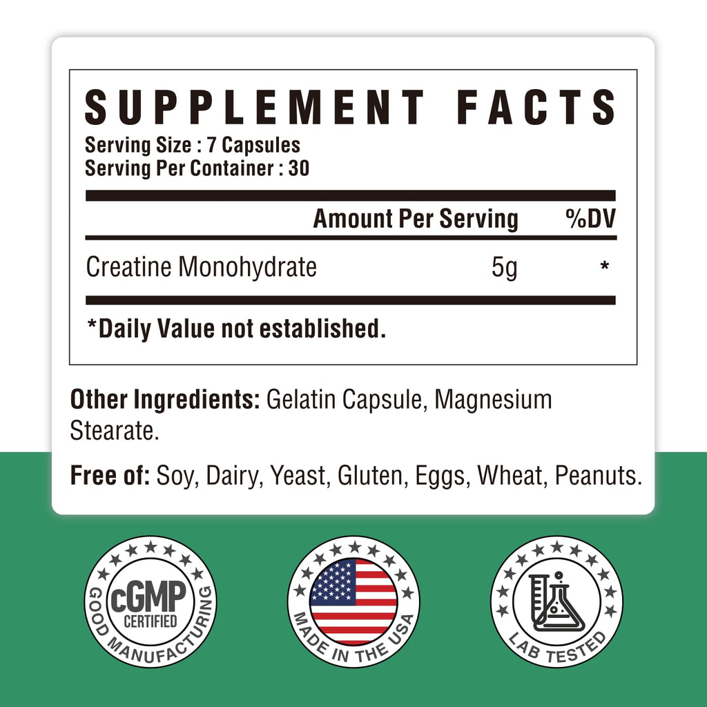 Creatine Monohydrate Capsules - Pure Micronized, Unflavored, 210 Capsules