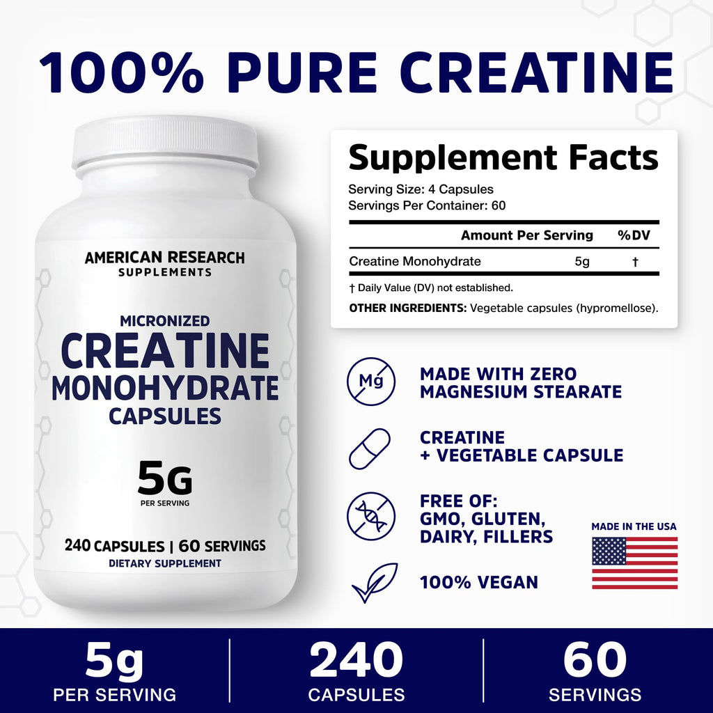 Creatine Monohydrate Capsules 5G – 60 Servings, 240 Capsules | Vegan