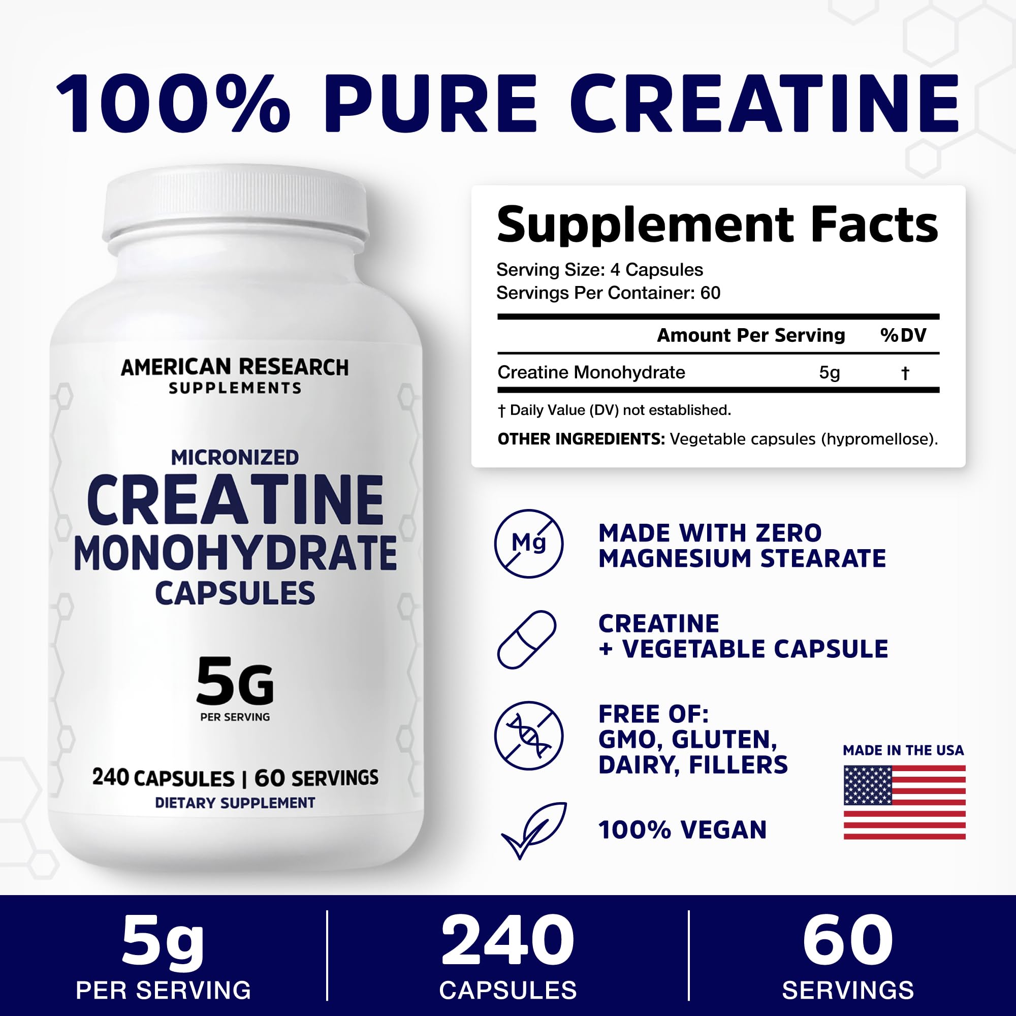 Creatine Monohydrate Capsules 5G – 60 Servings, 240 Capsules | Vegan