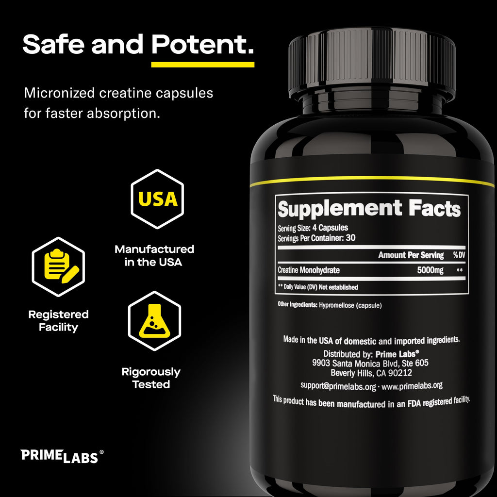 Prime Labs Creatine Monohydrate Capsules 5g - 120 Count | Muscle Growth, Recovery & Brain Function