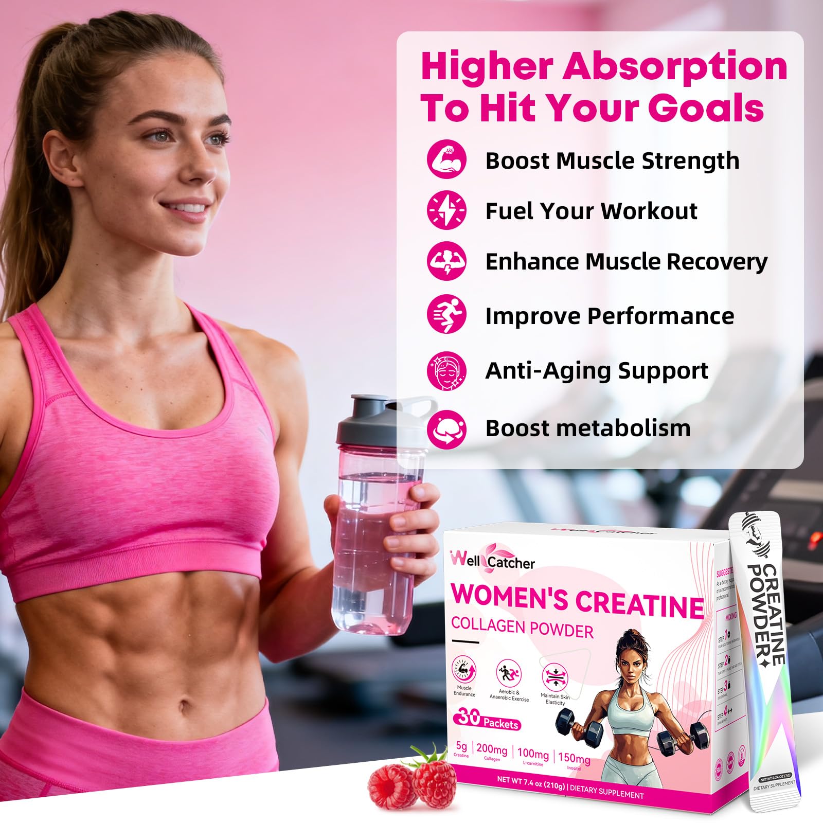 Women’s Creatine Powder Travel Packets – 30 Raspberry Packs | Creatine Monohydrate & Collagen