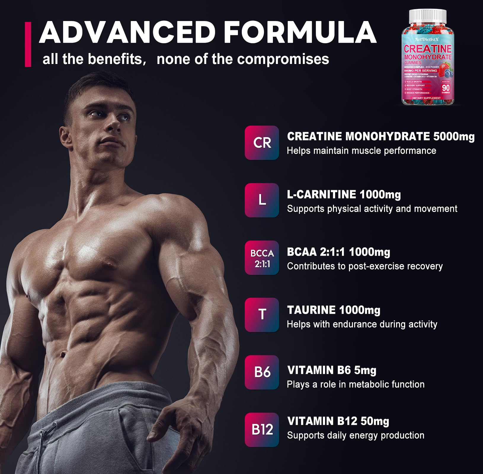 Creatine Monohydrate Gummies with BCAA, L-Carnitine & Vitamin B12 – Pre-Workout (90 Count)