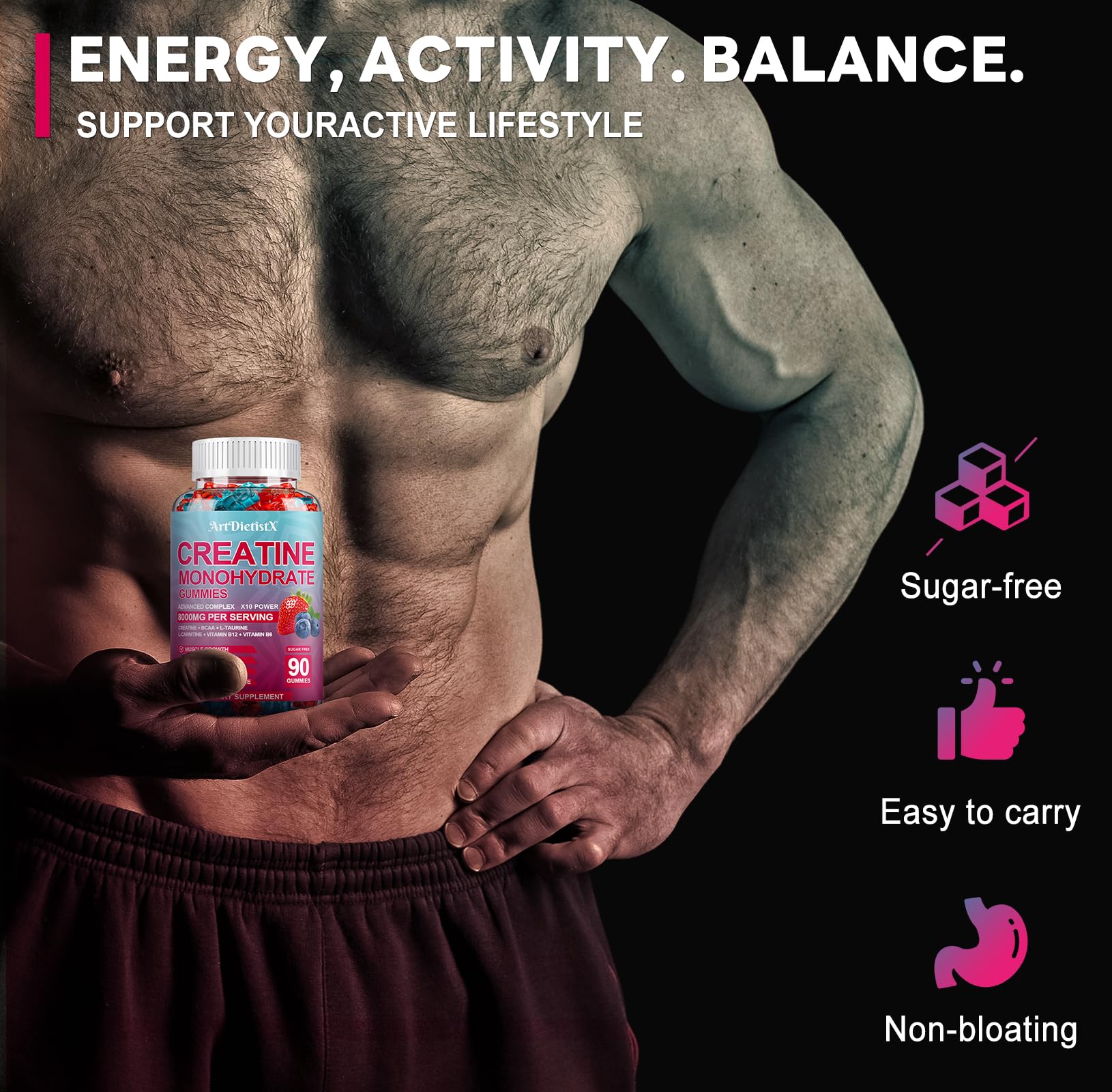 Creatine Monohydrate Gummies with BCAA, L-Carnitine & Vitamin B12 – Pre-Workout (90 Count)