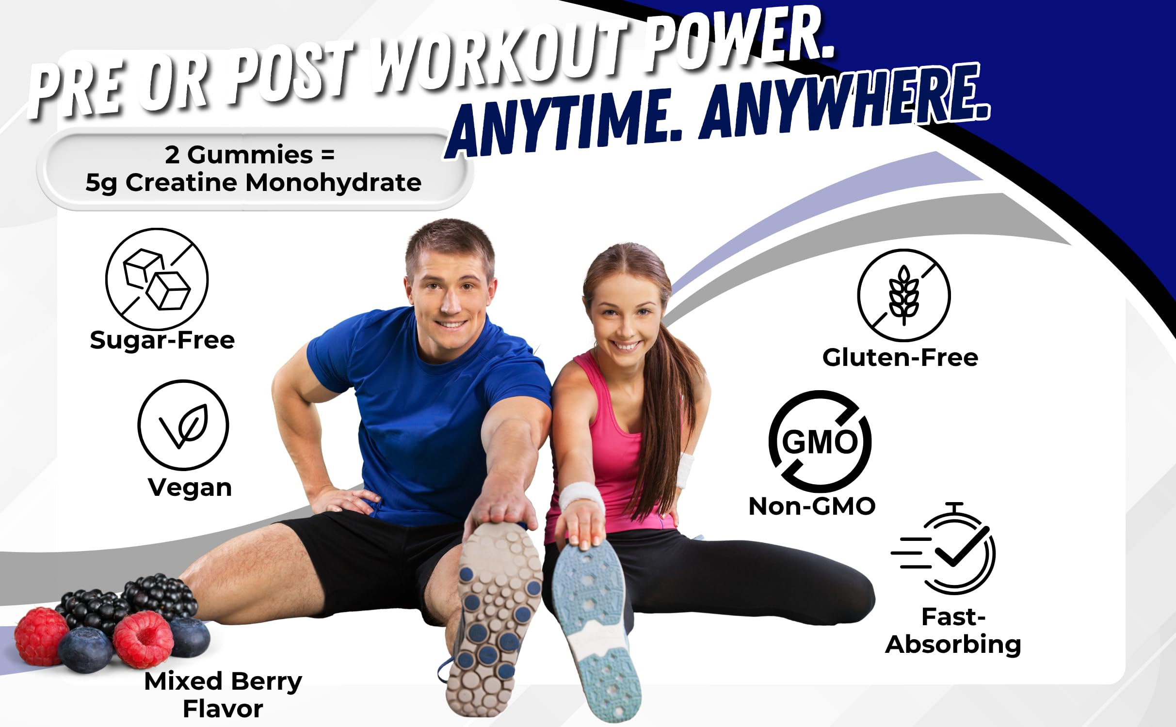 Creatine Monohydrate Gummies - Sugar-Free Vegan Pre & Post Workout | 60 Chews