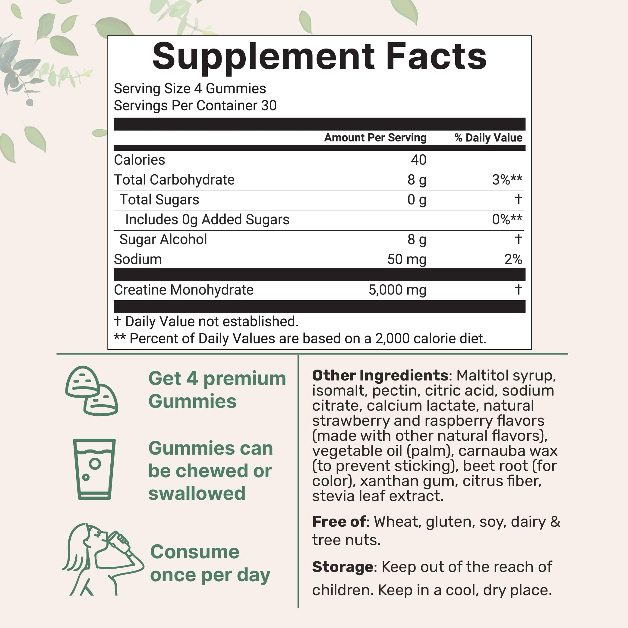 Creatine Monohydrate Gummies – 5,000mg per Serving, 120 Count | Sugar Free Strawberry Raspberry | Pre Workout & Recovery