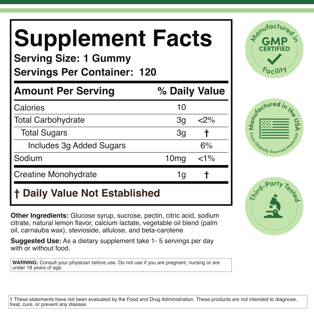 Creatine Monohydrate Gummies – 1g Per Gummy, 120 Count | Vegan, Non-GMO, Gluten Free | Double Wood