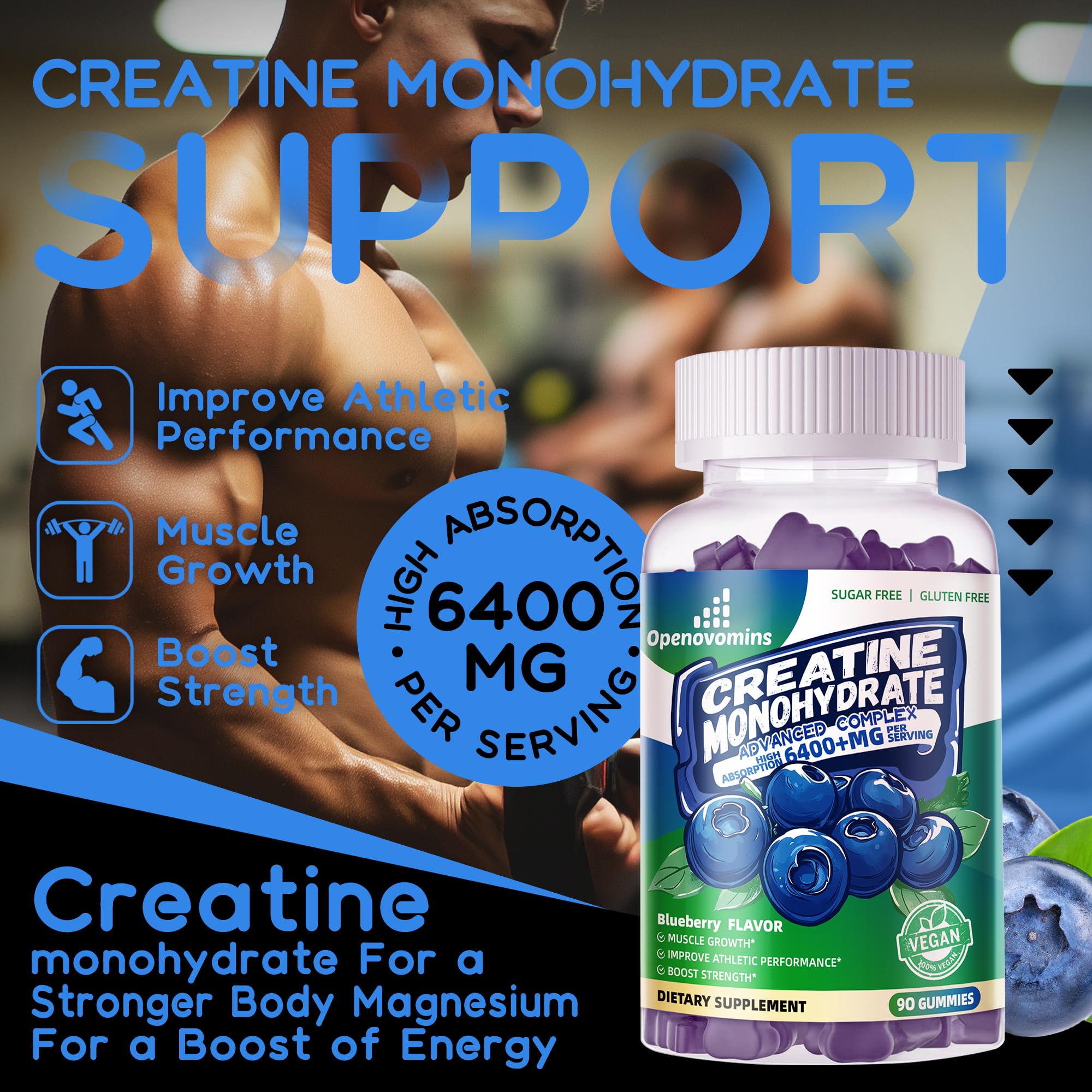 Creatine Monohydrate Gummies Complex – Sugar Free, 90 Blueberry Gummies | W-L-Taurine & Vitamin B12
