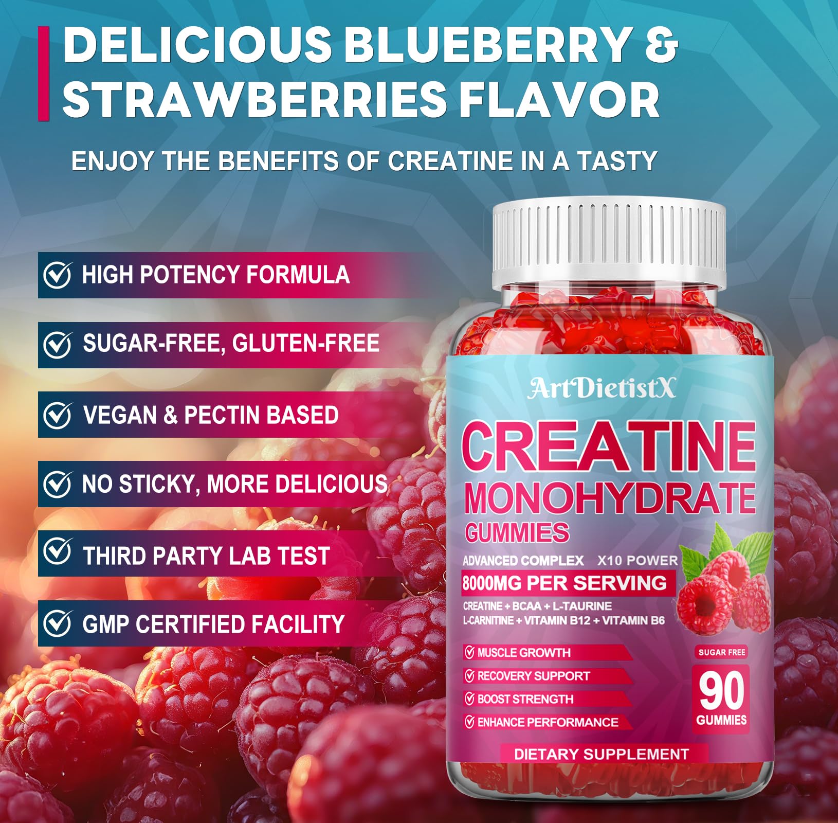 Creatine Monohydrate Gummies 8000mg with BCAA, L-Carnitine, Taurine & Vitamin B12 – Raspberry Flavor, 90 Count