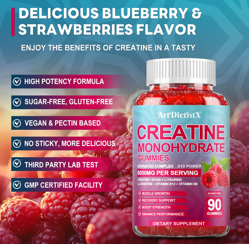 Creatine Monohydrate Gummies 8000mg with BCAA, L-Carnitine, Taurine & Vitamin B12 – Raspberry Flavor, 90 Count